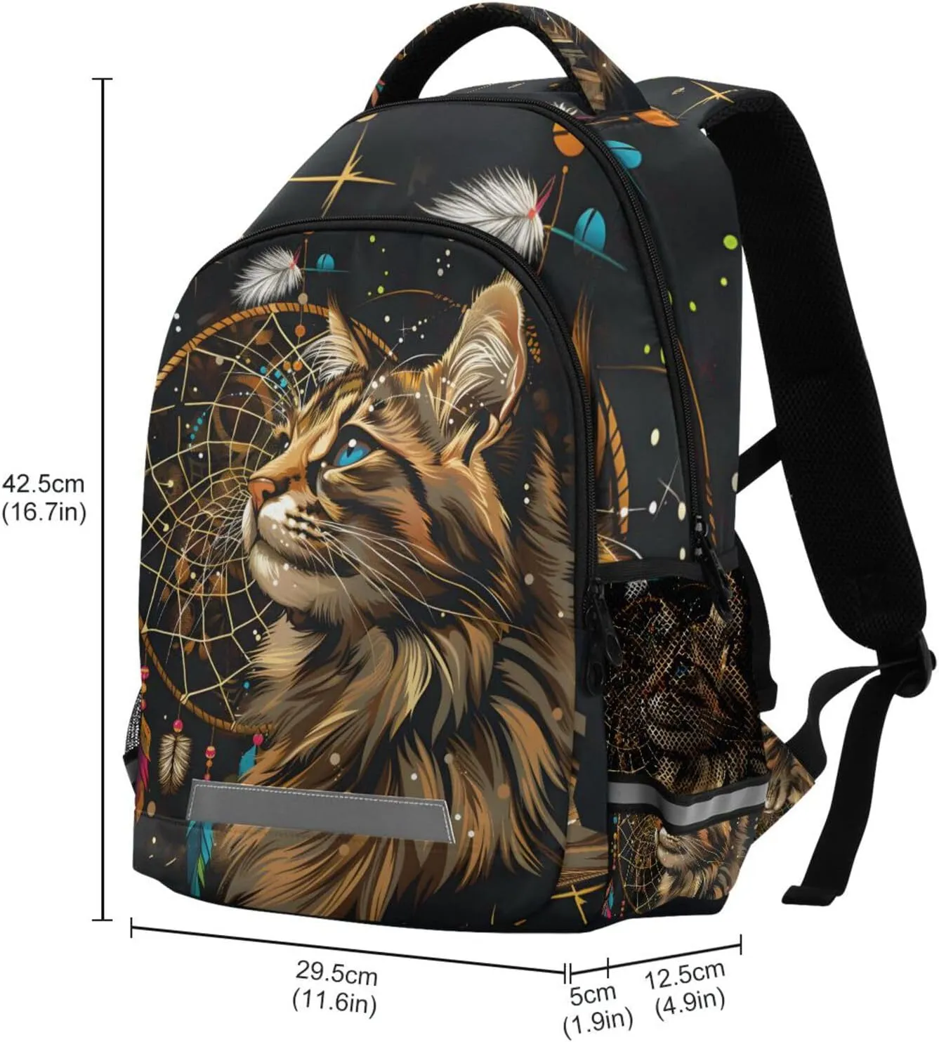 Cat Backpack for Students Boys Girls Boho Cat Dreamcatcher School Bag Travel Daypack Rucksack