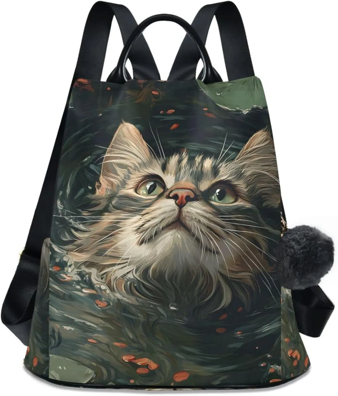 Cat Swimming Lotus Pond Backpack for Women Anti Theft Large Fashion Travel Shoulder Bag Purse Rucksack Lightweight