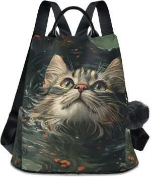 Cat Swimming Lotus Pond Backpack for Women Anti Theft Large Fashion Travel Shoulder Bag Purse Rucksack Lightweight