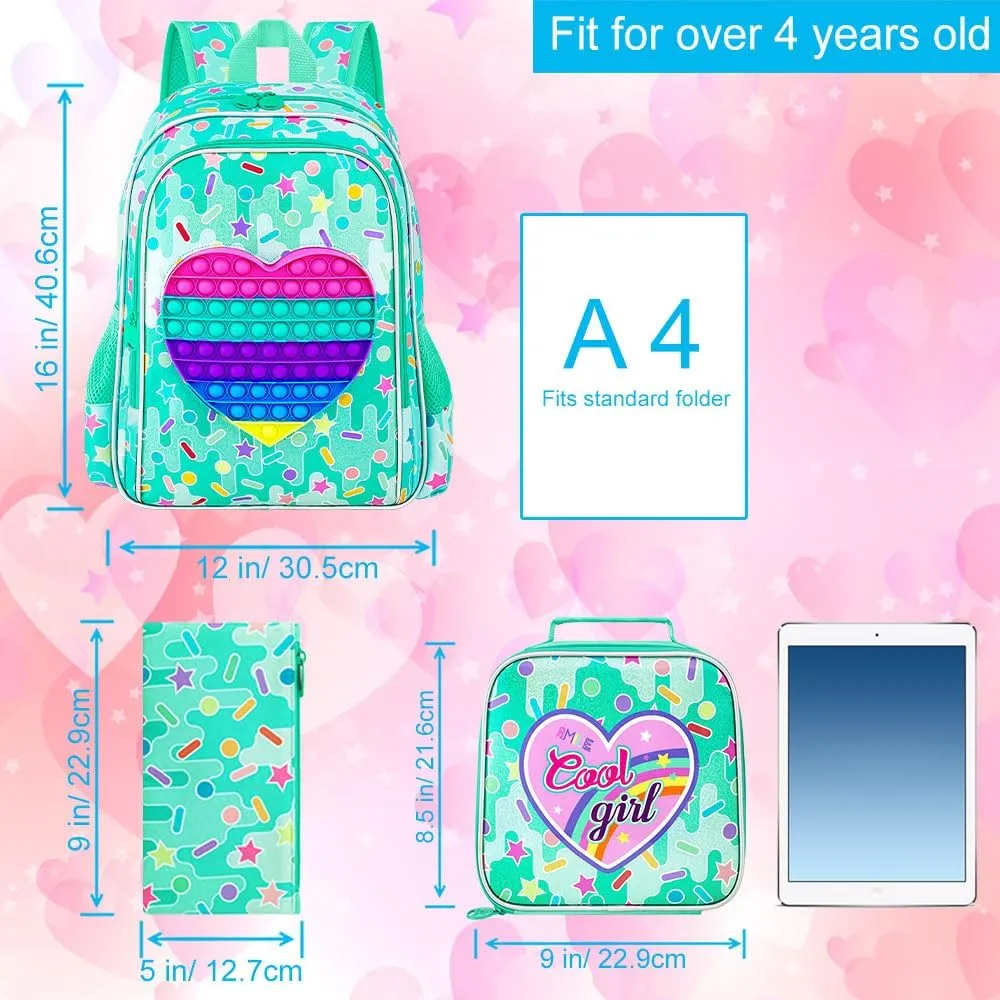 CCJPX 3PCS Backpack for Girls, 16”Kids Water Resistant Elementary Preschool Kindergarten School Bookbag with Lunch Box - Green