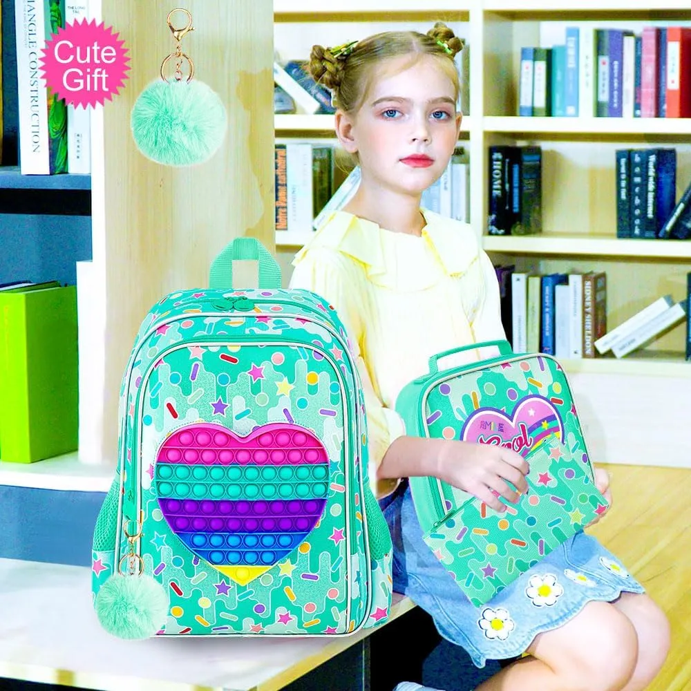 CCJPX 3PCS Backpack for Girls, 16”Kids Water Resistant Elementary Preschool Kindergarten School Bookbag with Lunch Box - Green