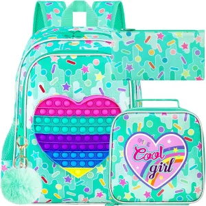 CCJPX 3PCS Backpack for Girls, 16”Kids Water Resistant Elementary Preschool Kindergarten School Bookbag with Lunch Box - Green