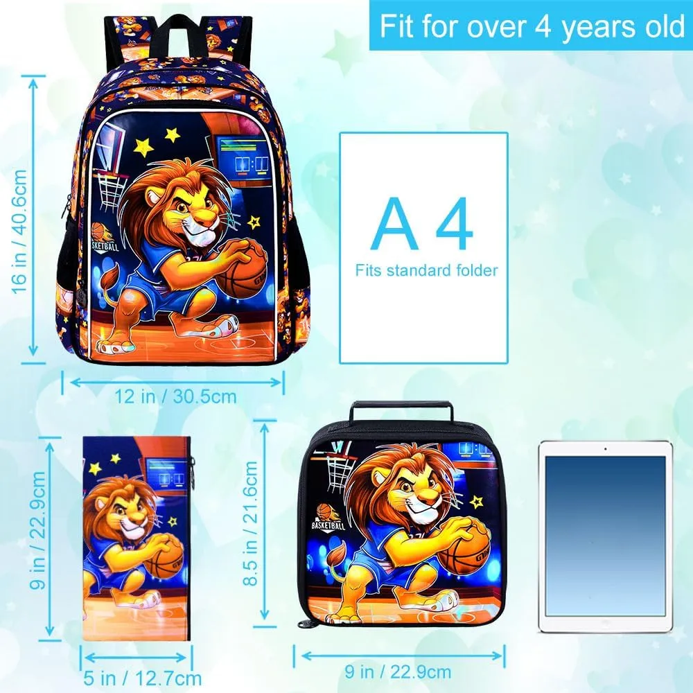 CCJPX 3PCS Kids Backpack for Boys, 16 Inch Lion Water Resistant Preschool Backpacks, Cool Elementary Kindergarten School Bookbag Set for Travel