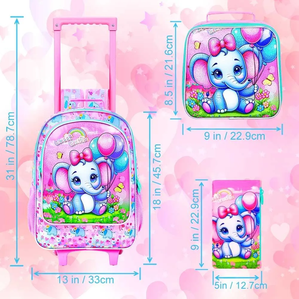 CCJPX 4PCS Rolling Backpack for Girls,Kids Backpacks with Roller Wheels and Lunch Box, Wheeled Bookbag for Toddler Elementary School