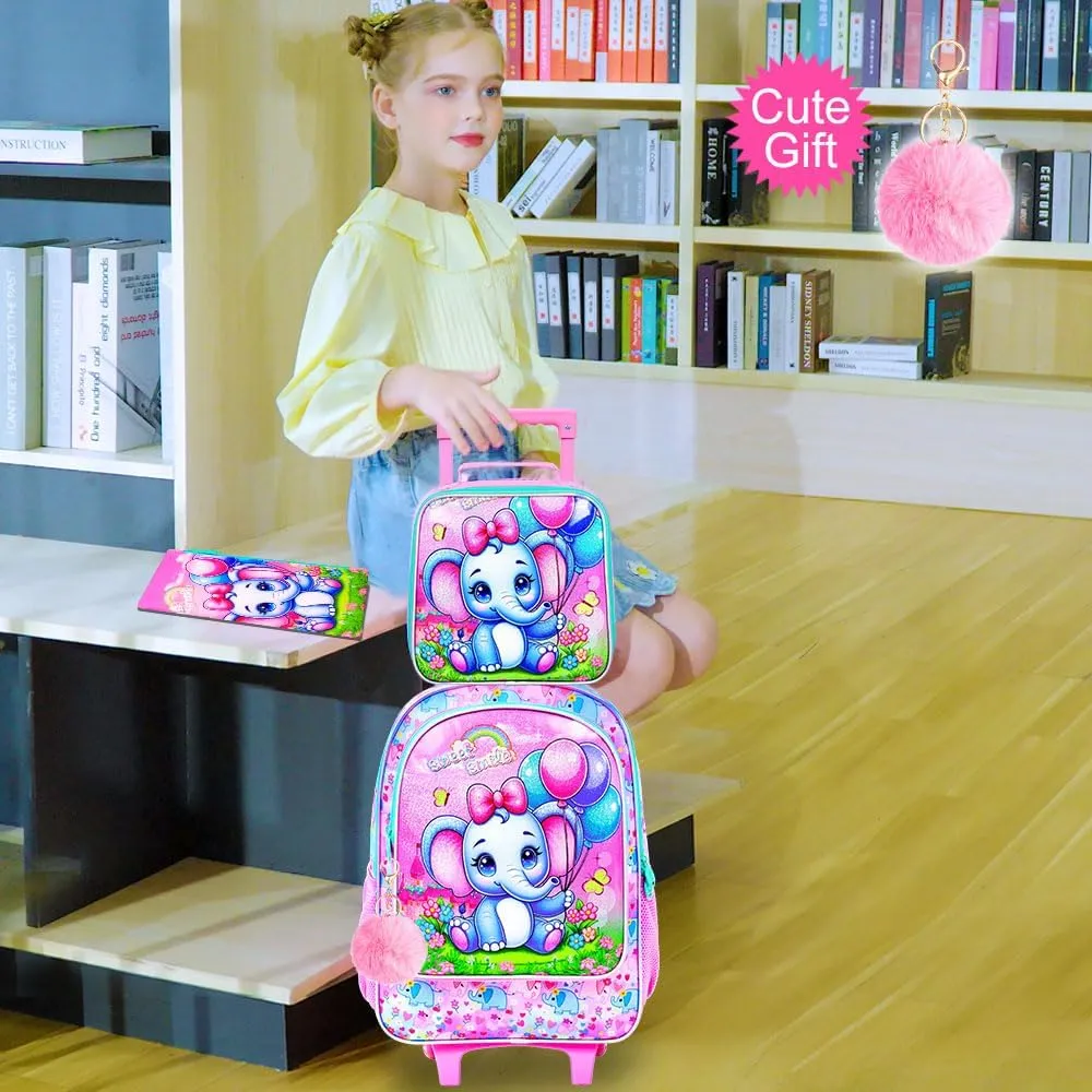 CCJPX 4PCS Rolling Backpack for Girls,Kids Backpacks with Roller Wheels and Lunch Box, Wheeled Bookbag for Toddler Elementary School