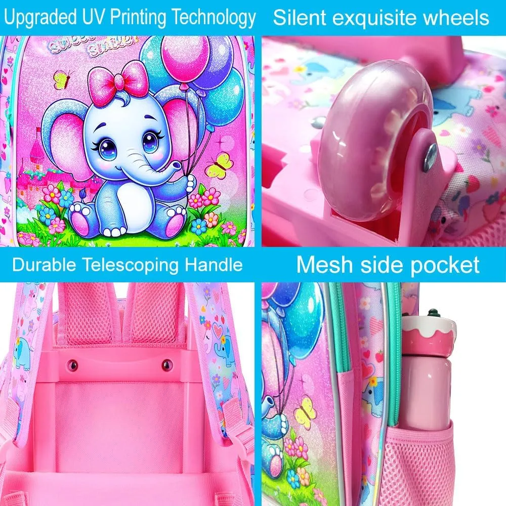 CCJPX 4PCS Rolling Backpack for Girls,Kids Backpacks with Roller Wheels and Lunch Box, Wheeled Bookbag for Toddler Elementary School