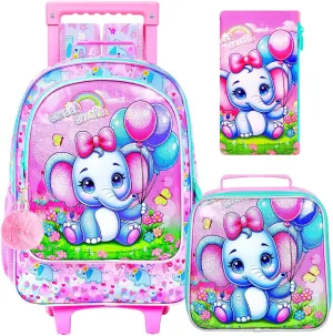 CCJPX 4PCS Rolling Backpack for Girls,Kids Backpacks with Roller Wheels and Lunch Box, Wheeled Bookbag for Toddler Elementary School