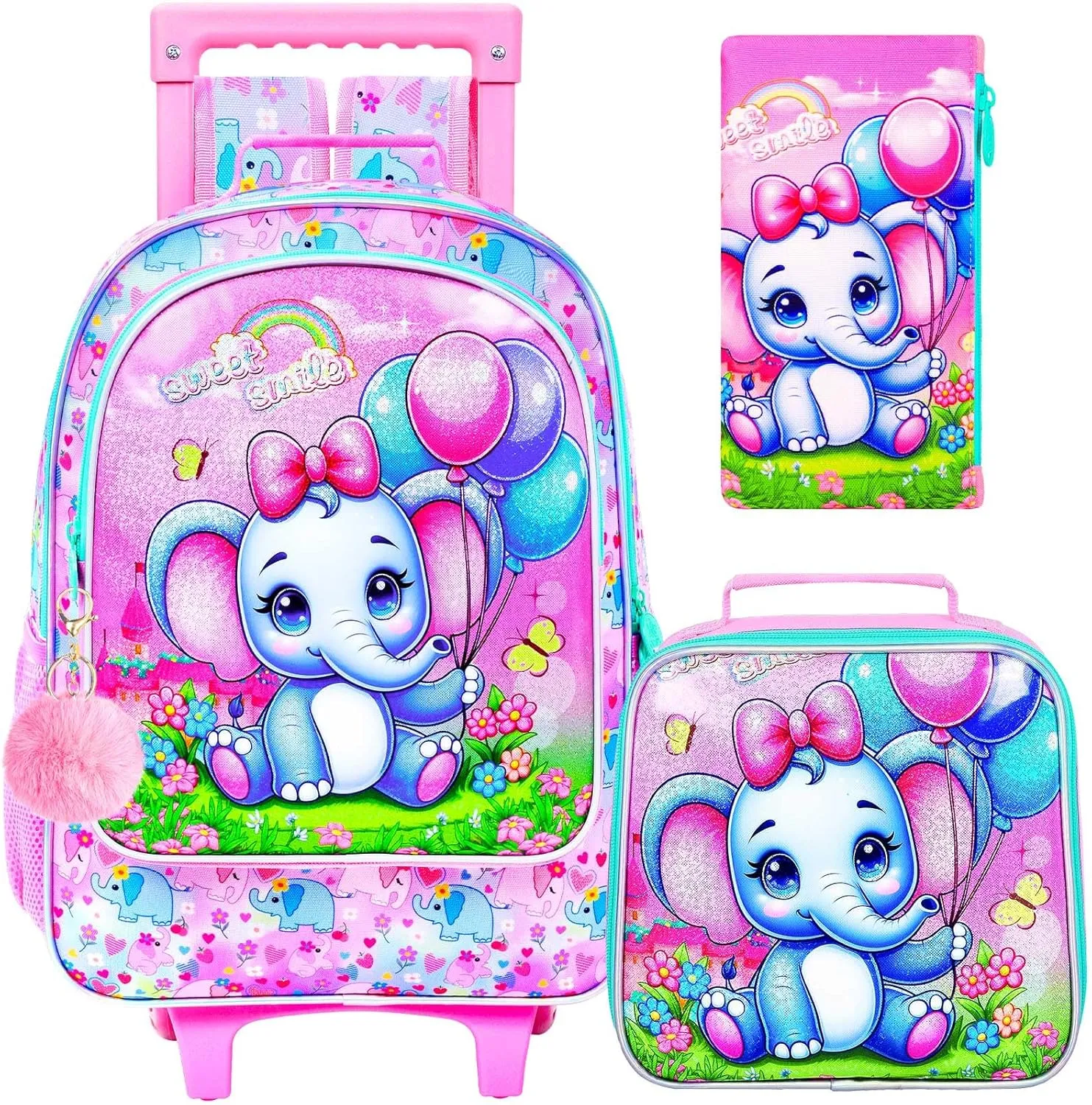 CCJPX 4PCS Rolling Backpack for Girls,Kids Backpacks with Roller Wheels and Lunch Box, Wheeled Bookbag for Toddler Elementary School