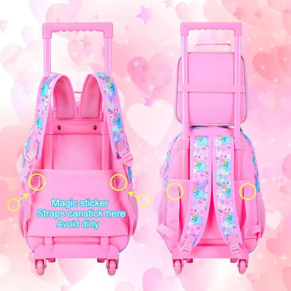 CCJPX 4PCS Rolling Backpack for Girls,Kids Backpacks with Roller Wheels and Lunch Box, Wheeled Bookbag for Toddler Elementary School