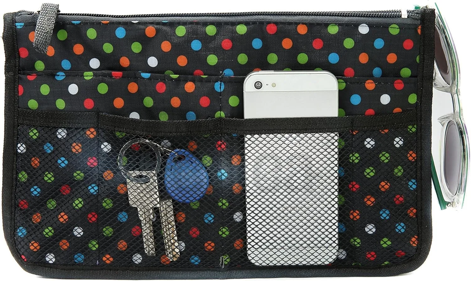 Chelsy Purse Organizer Insert with Handles & 13 Pockets - 3 Sizes (Black with Multi-color Dots, Large)