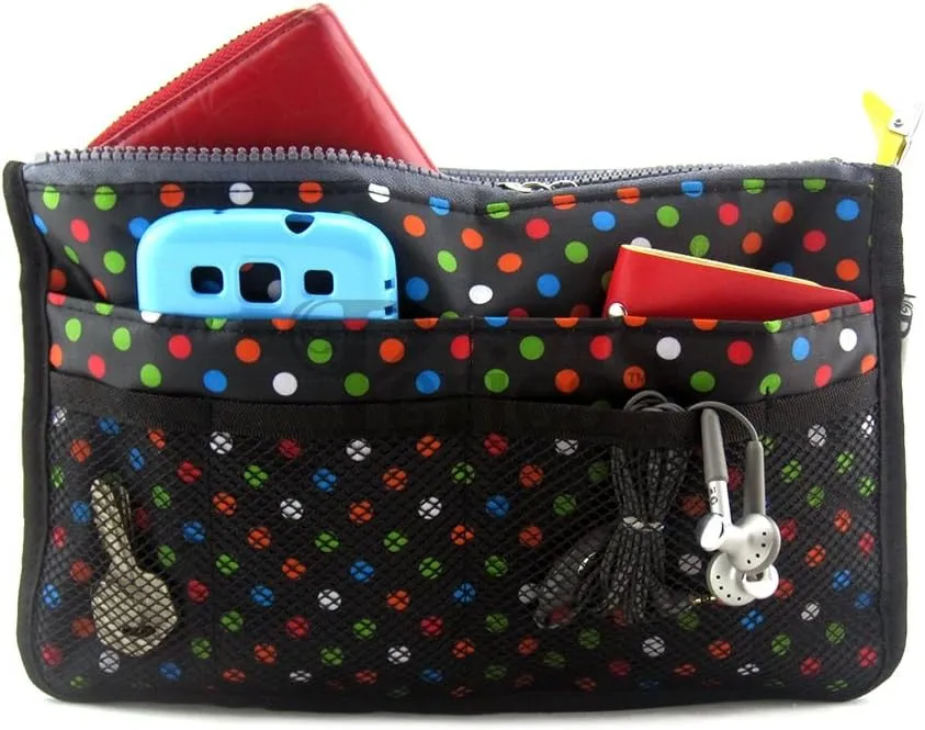Chelsy Purse Organizer Insert with Handles & 13 Pockets - 3 Sizes (Black with Multi-color Dots, Large)