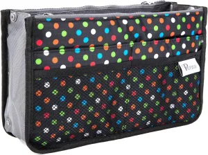 Chelsy Purse Organizer Insert with Handles & 13 Pockets - 3 Sizes (Black with Multi-color Dots, Large)