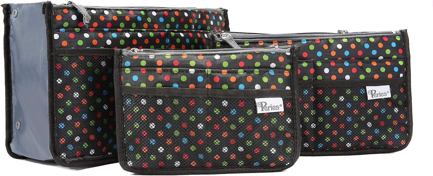 Chelsy Purse Organizer Insert with Handles & 13 Pockets - 3 Sizes (Black with Multi-color Dots, Large)
