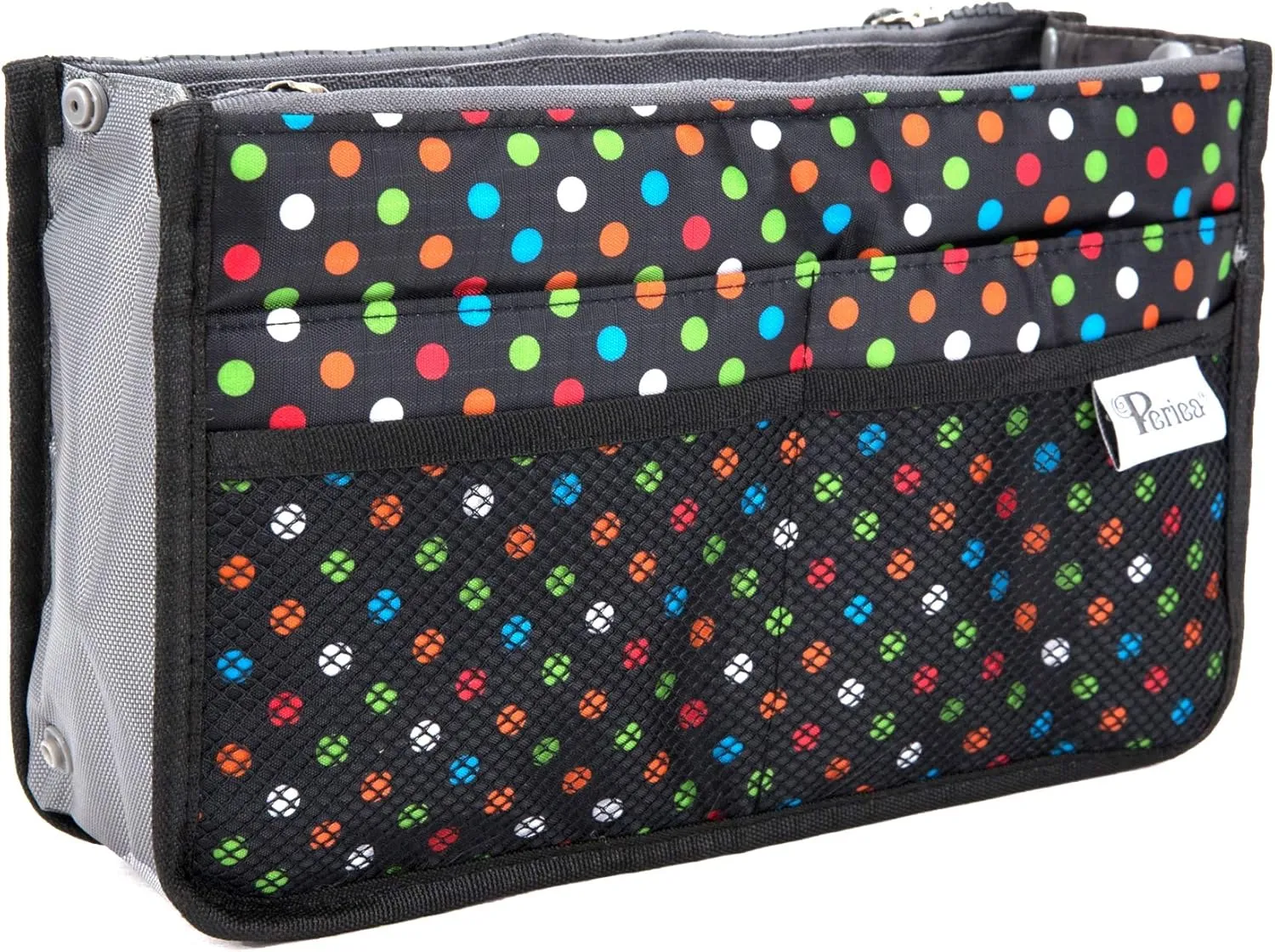 Chelsy Purse Organizer Insert with Handles & 13 Pockets - 3 Sizes (Black with Multi-color Dots, Large)
