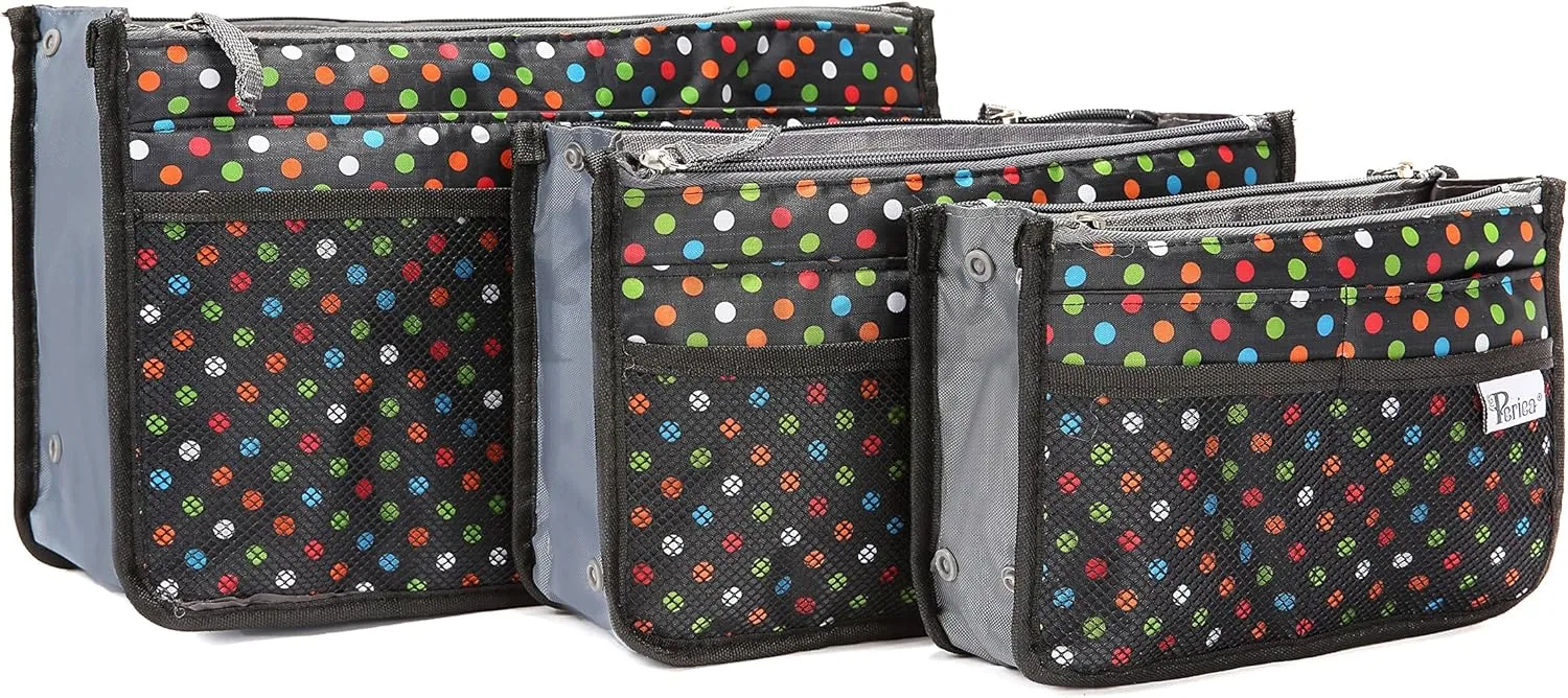 Chelsy Purse Organizer Insert with Handles & 13 Pockets - 3 Sizes (Black with Multi-color Dots, Small)