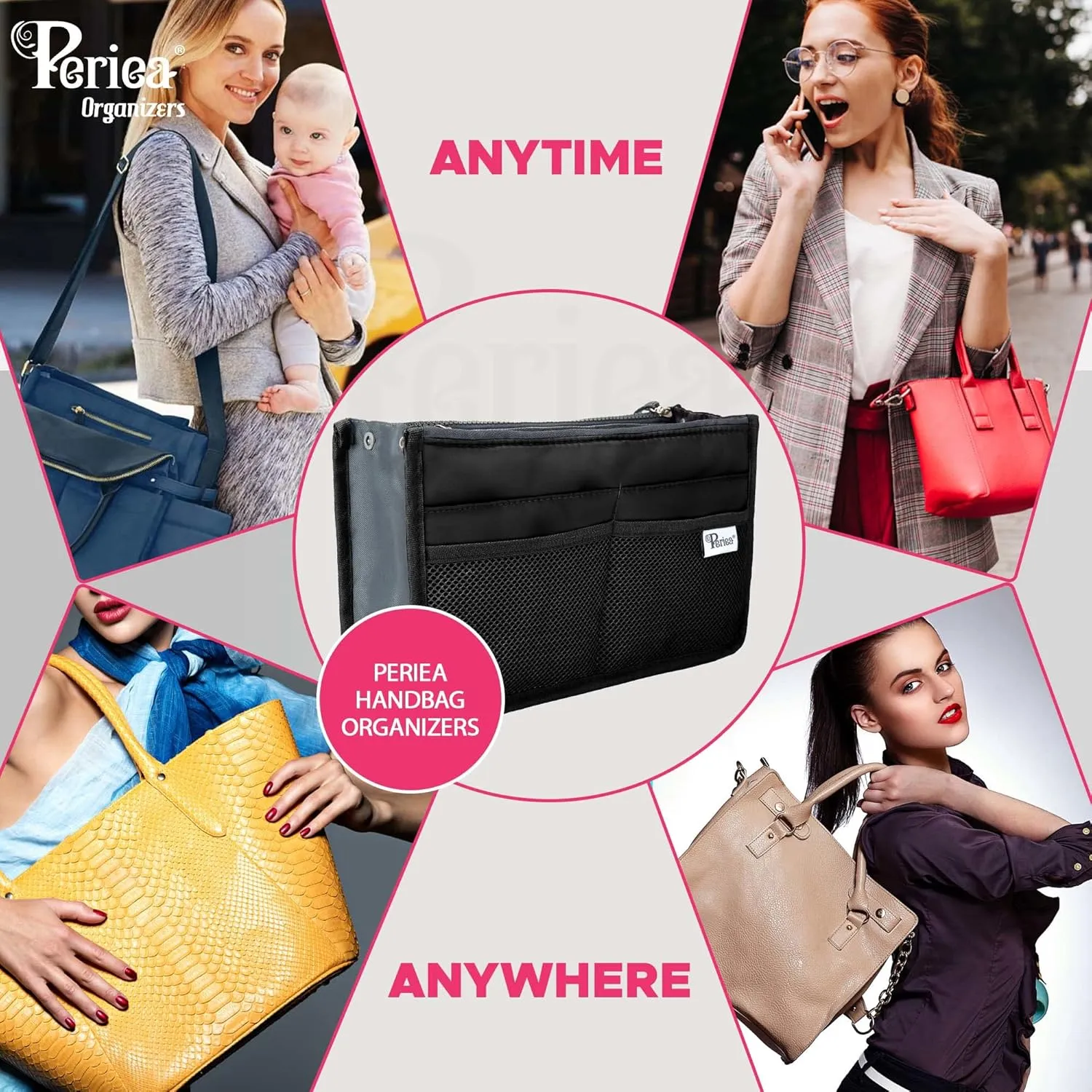 Chelsy Purse Organizer Insert with Handles & 13 Pockets - 3 Sizes (Black with Multi-color Dots, Small)