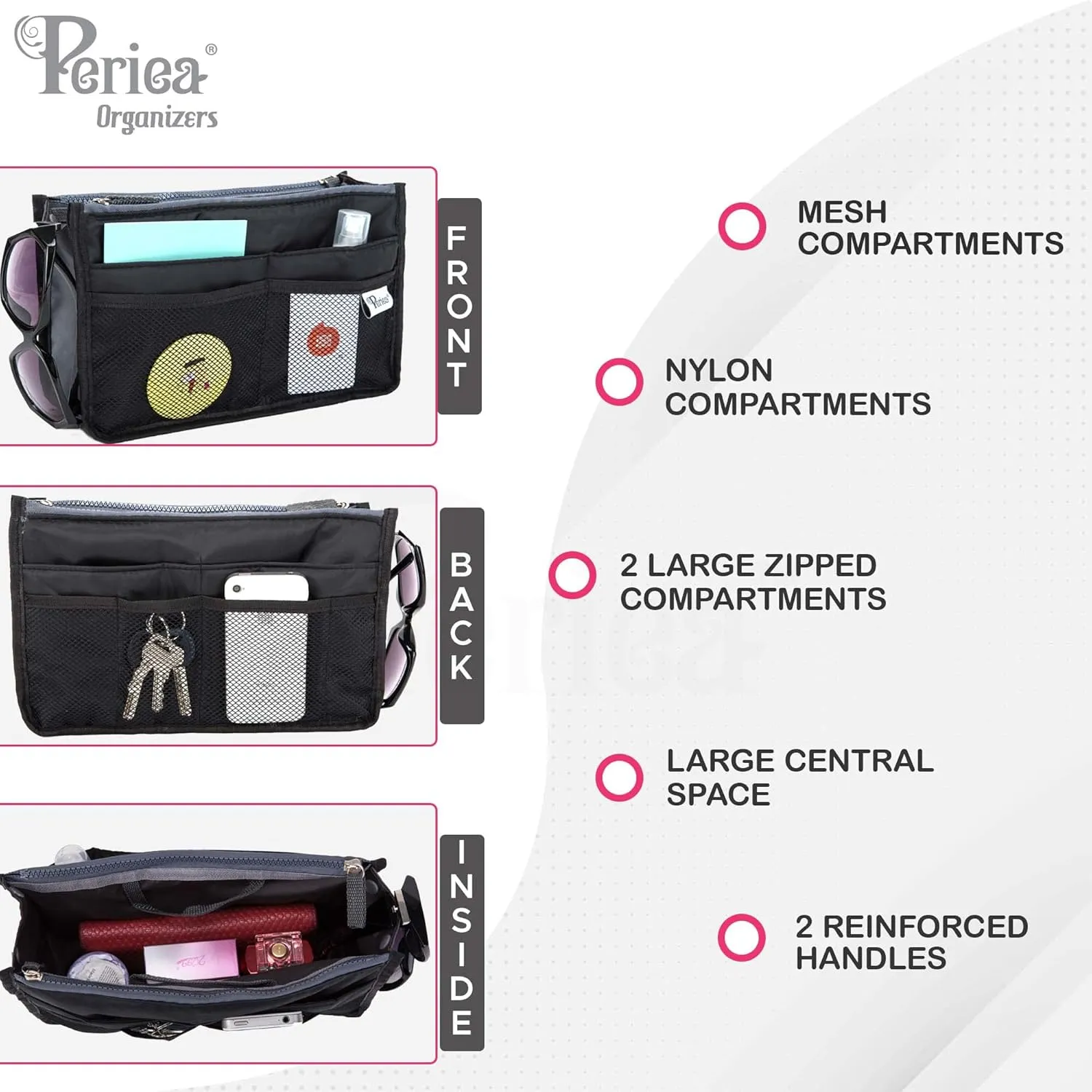 Chelsy Purse Organizer Insert with Handles & 13 Pockets - 3 Sizes (Black with Multi-color Dots, Small)