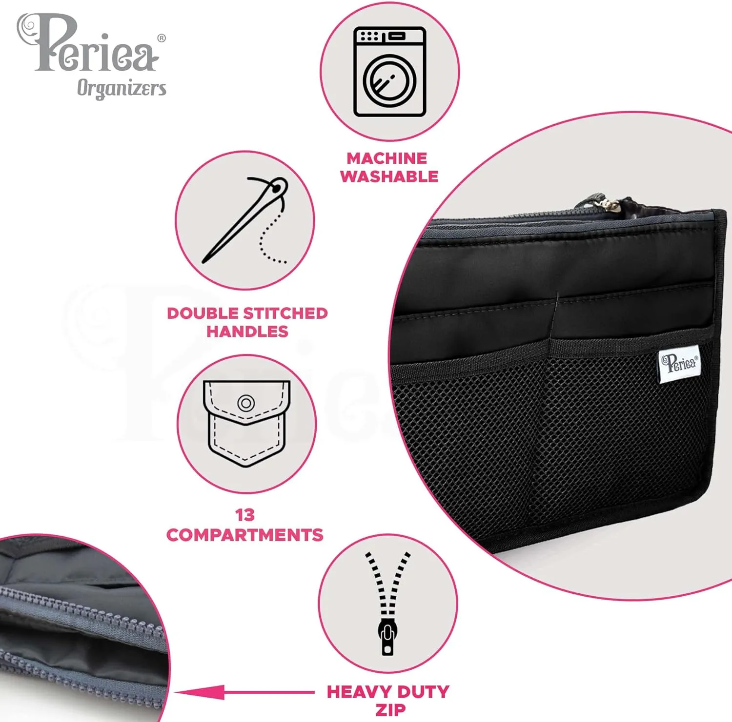 Chelsy Purse Organizer Insert with Handles & 13 Pockets - 3 Sizes (Black with Multi-color Dots, Small)