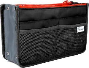 Chelsy Purse Organizer Insert with Handles & 13 Pockets - 3 Sizes (Black with Neon Peach Zip, Small)