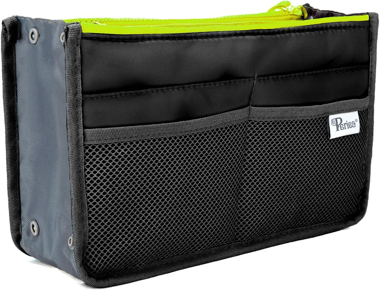 Chelsy Purse Organizer Insert with Handles & 13 Pockets - 3 Sizes (Black with Neon Yellow Zip, Large)