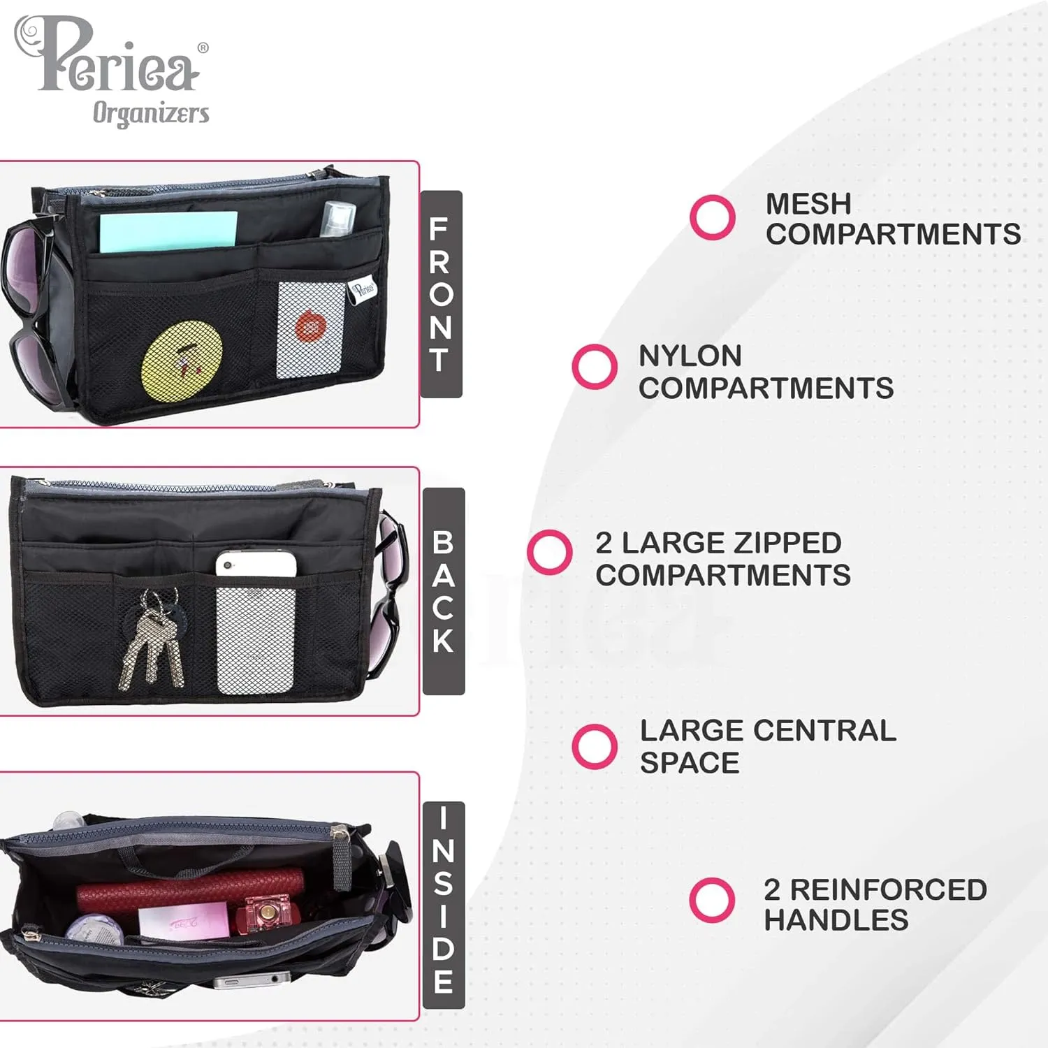 Chelsy Purse Organizer Insert with Handles & 13 Pockets - 3 Sizes (Black with White Dots, Large)