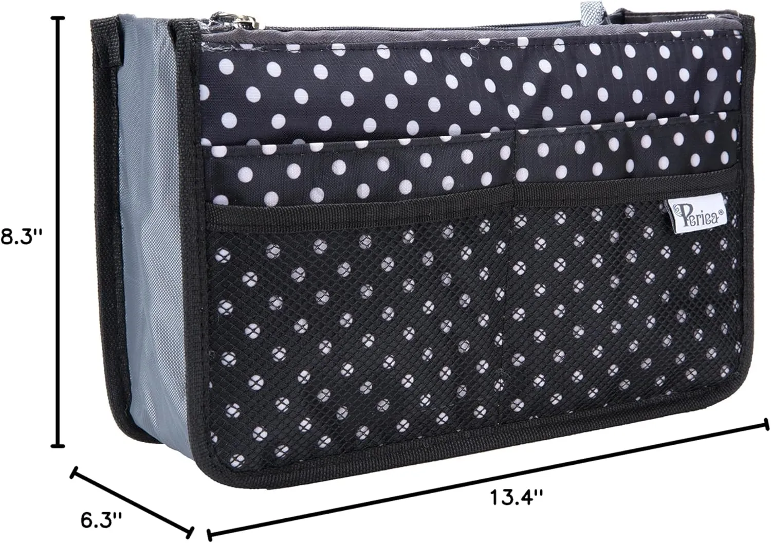 Chelsy Purse Organizer Insert with Handles & 13 Pockets - 3 Sizes (Black with White Dots, Large)