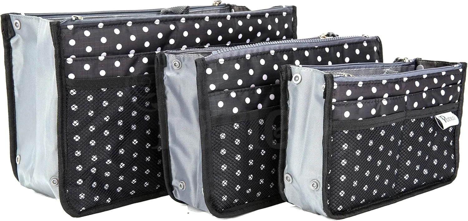 Chelsy Purse Organizer Insert with Handles & 13 Pockets - 3 Sizes (Black with White Dots, Large)