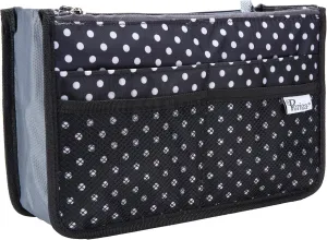 Chelsy Purse Organizer Insert with Handles & 13 Pockets - 3 Sizes (Black with White Dots, Large)