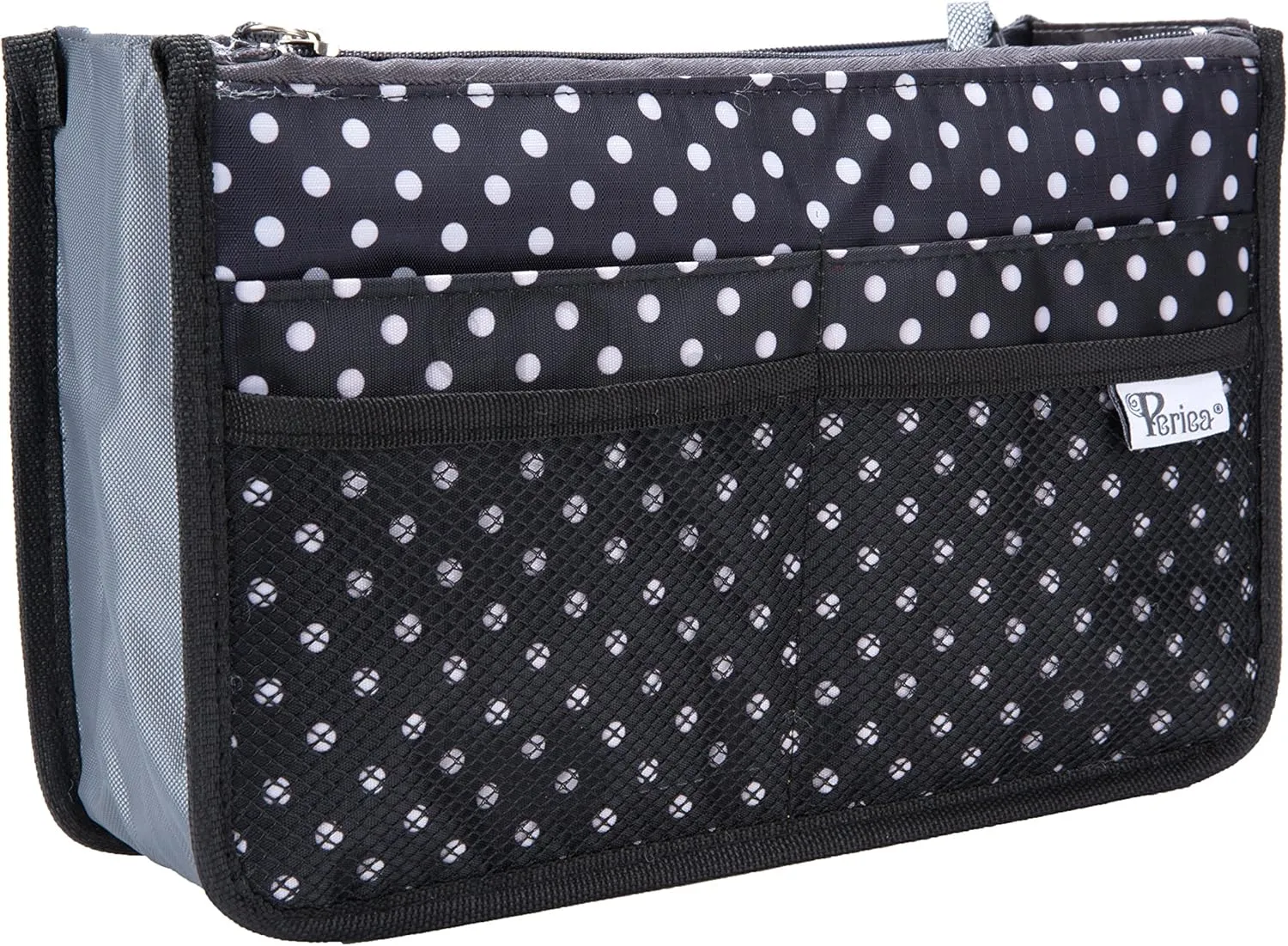 Chelsy Purse Organizer Insert with Handles & 13 Pockets - 3 Sizes (Black with White Dots, Large)