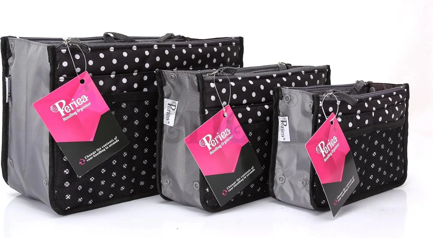 Chelsy Purse Organizer Insert with Handles & 13 Pockets - 3 Sizes (Black with White Dots, Small)