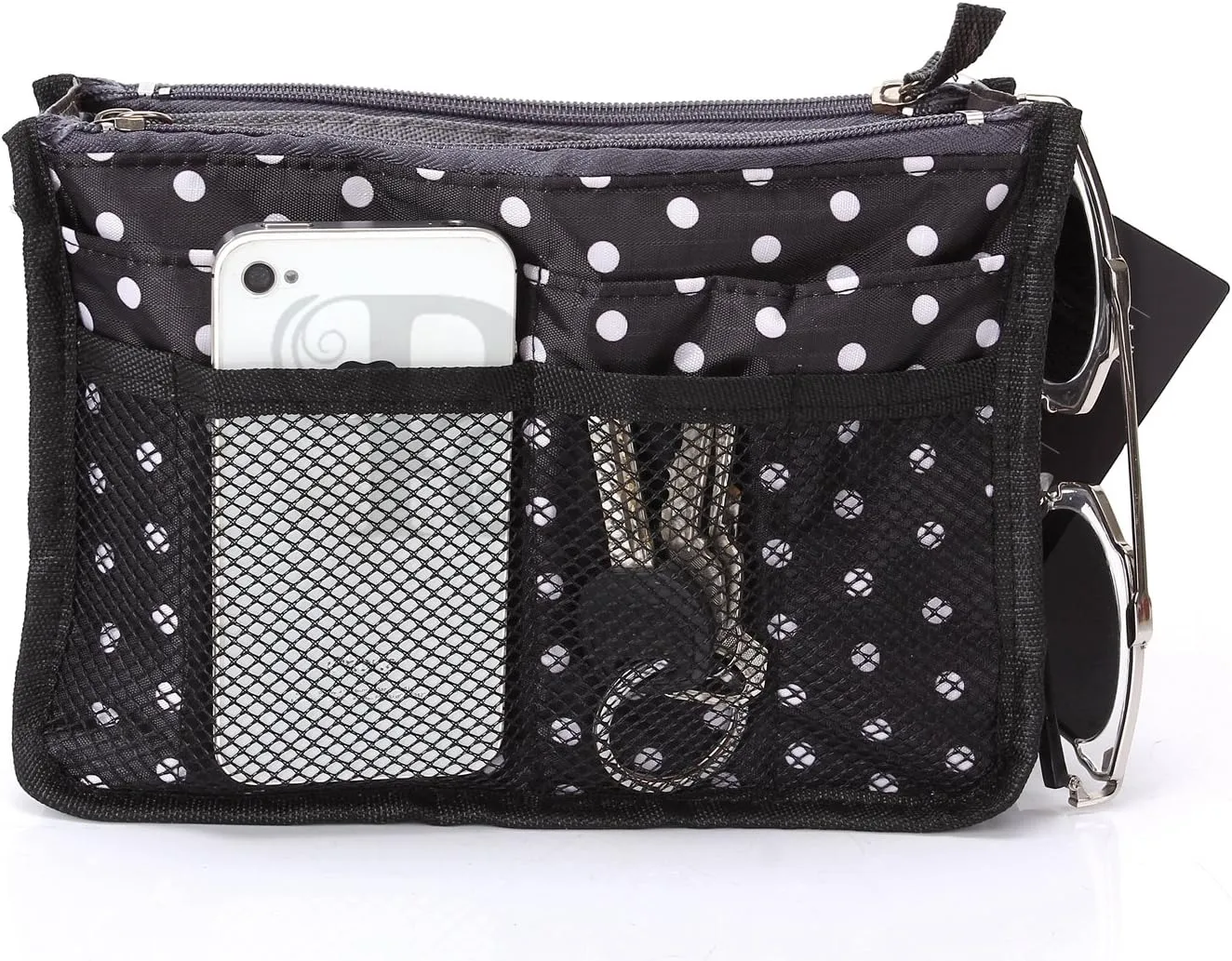 Chelsy Purse Organizer Insert with Handles & 13 Pockets - 3 Sizes (Black with White Dots, Small)