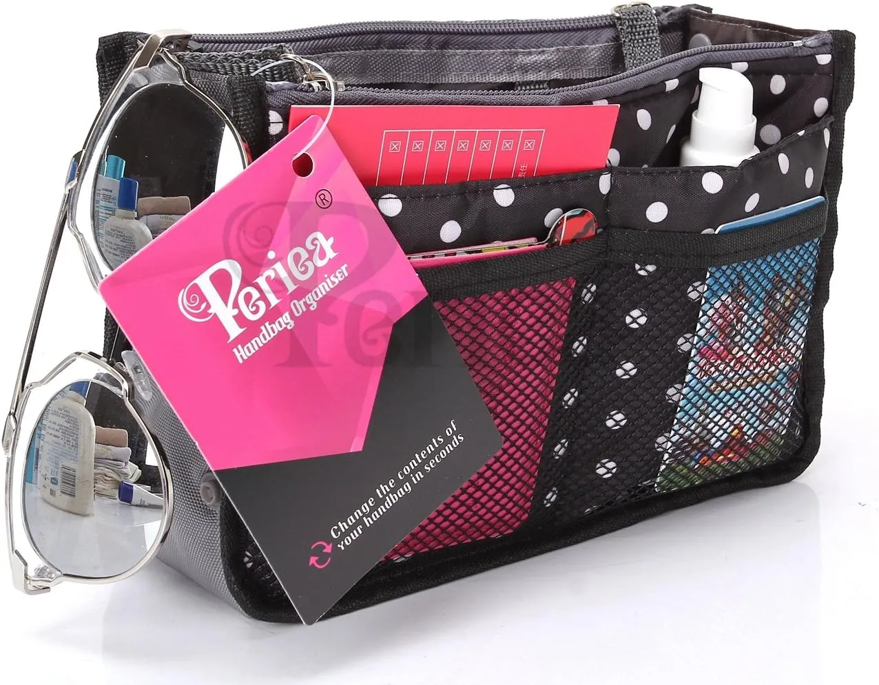 Chelsy Purse Organizer Insert with Handles & 13 Pockets - 3 Sizes (Black with White Dots, Small)