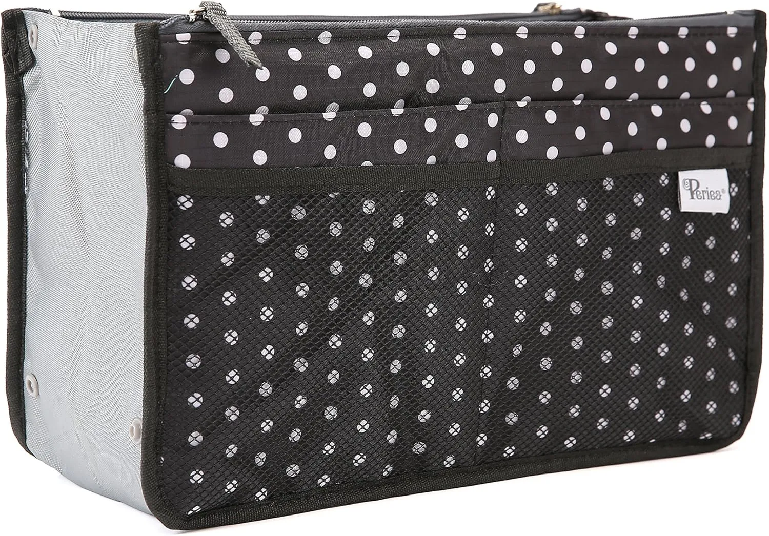 Chelsy Purse Organizer Insert with Handles & 13 Pockets - 3 Sizes (Black with White Dots, Small)