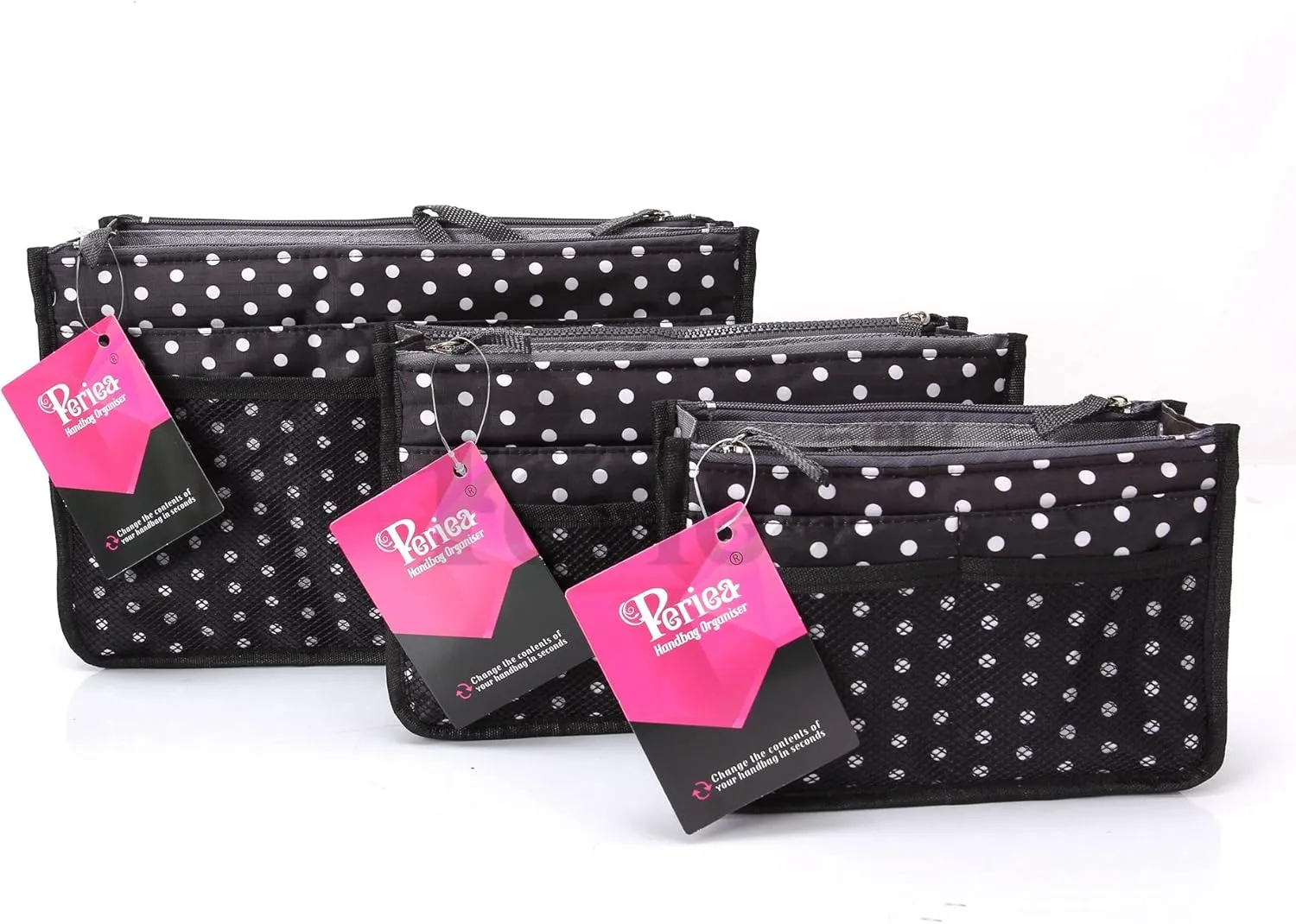 Chelsy Purse Organizer Insert with Handles & 13 Pockets - 3 Sizes (Black with White Dots, Small)