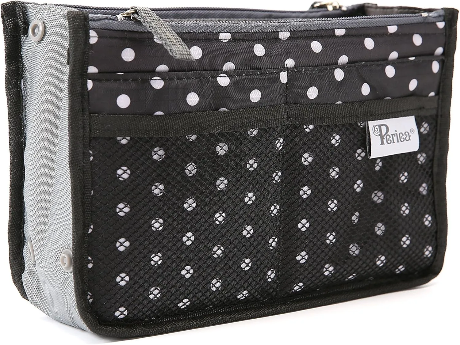 Chelsy Purse Organizer Insert with Handles & 13 Pockets - 3 Sizes (Black with White Dots, Small)