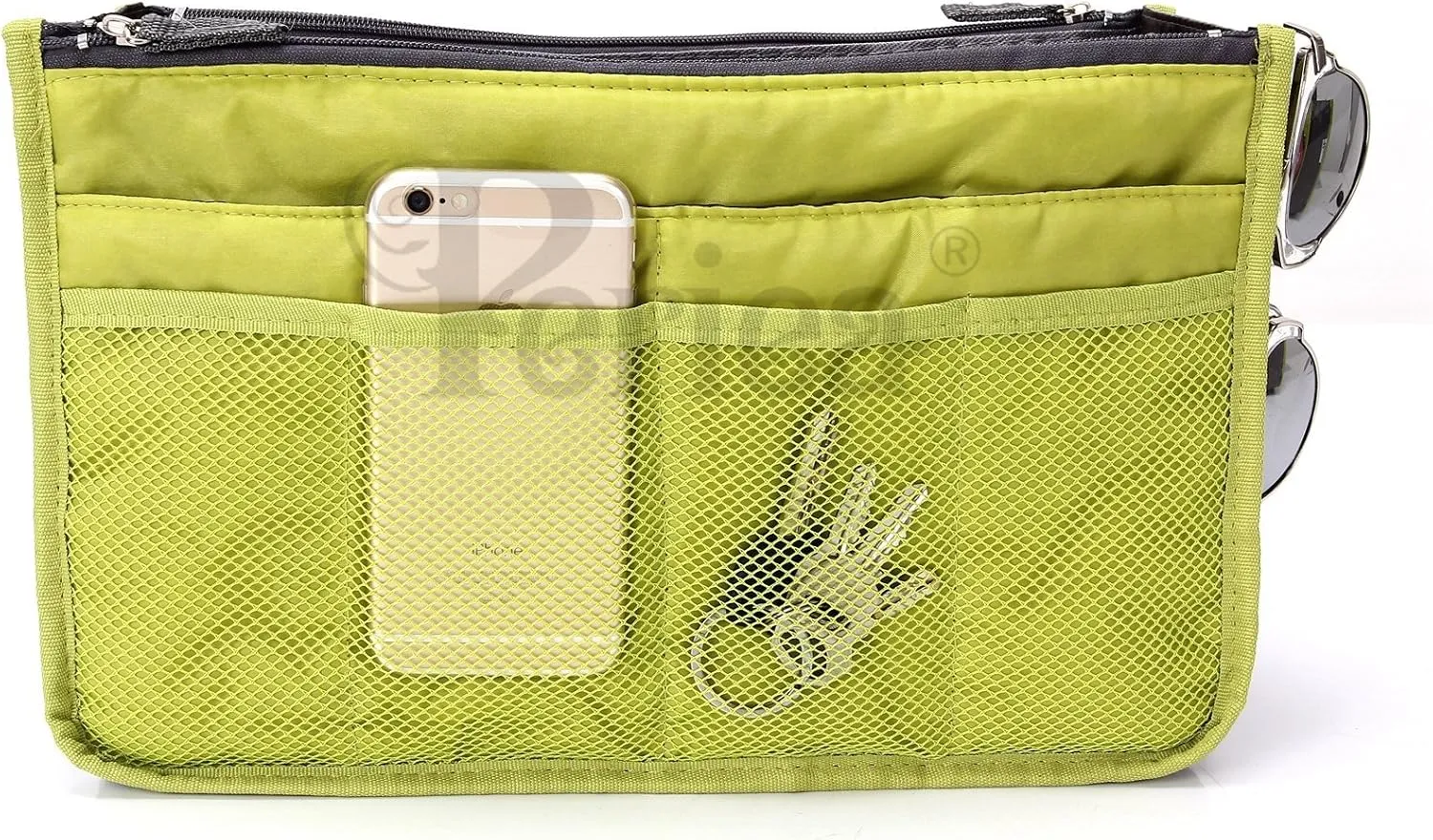 Chelsy Purse Organizer Insert with Handles & 13 Pockets - 3 Sizes (Bright Green, Large)