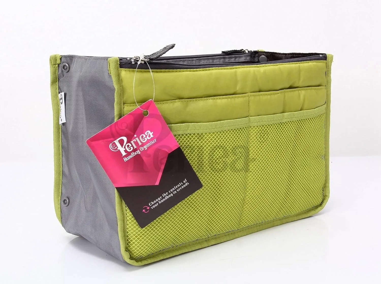 Chelsy Purse Organizer Insert with Handles & 13 Pockets - 3 Sizes (Bright Green, Large)