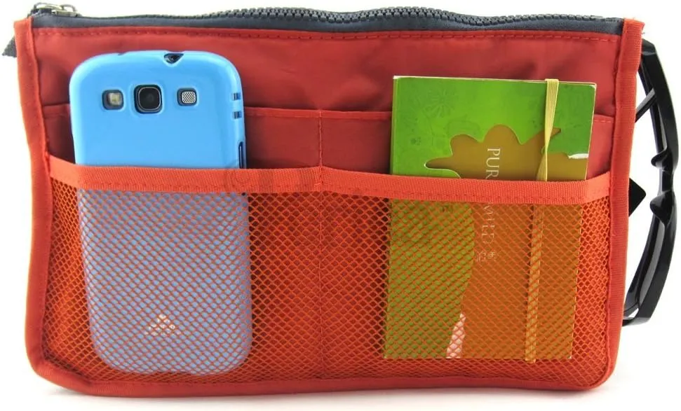 Chelsy Purse Organizer Insert with Handles & 13 Pockets - 3 Sizes (Orange, Medium)