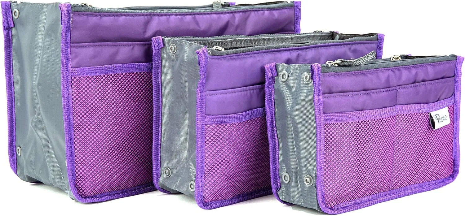 Chelsy Purse Organizer Insert with Handles & 13 Pockets - 3 Sizes (Purple, Large)