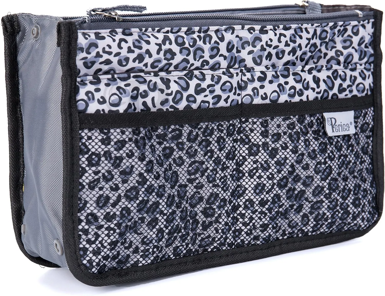 Chelsy Purse Organizer Insert with Handles & 13 Pockets - 3 Sizes (Silver Leopard, Medium)
