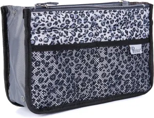 Chelsy Purse Organizer Insert with Handles & 13 Pockets - 3 Sizes (Silver Leopard, Medium)