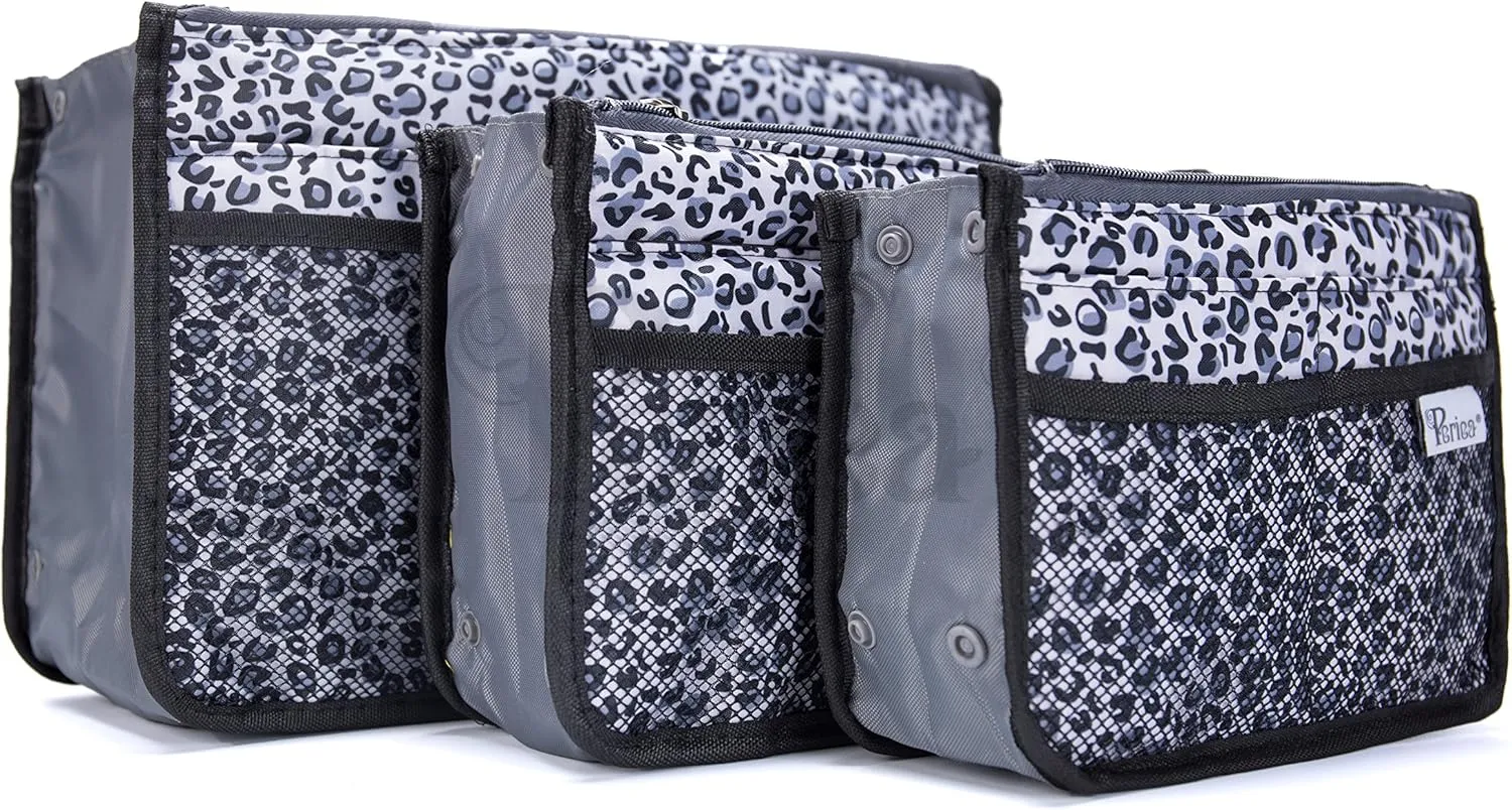 Chelsy Purse Organizer Insert with Handles & 13 Pockets - 3 Sizes (Silver Leopard, Medium)