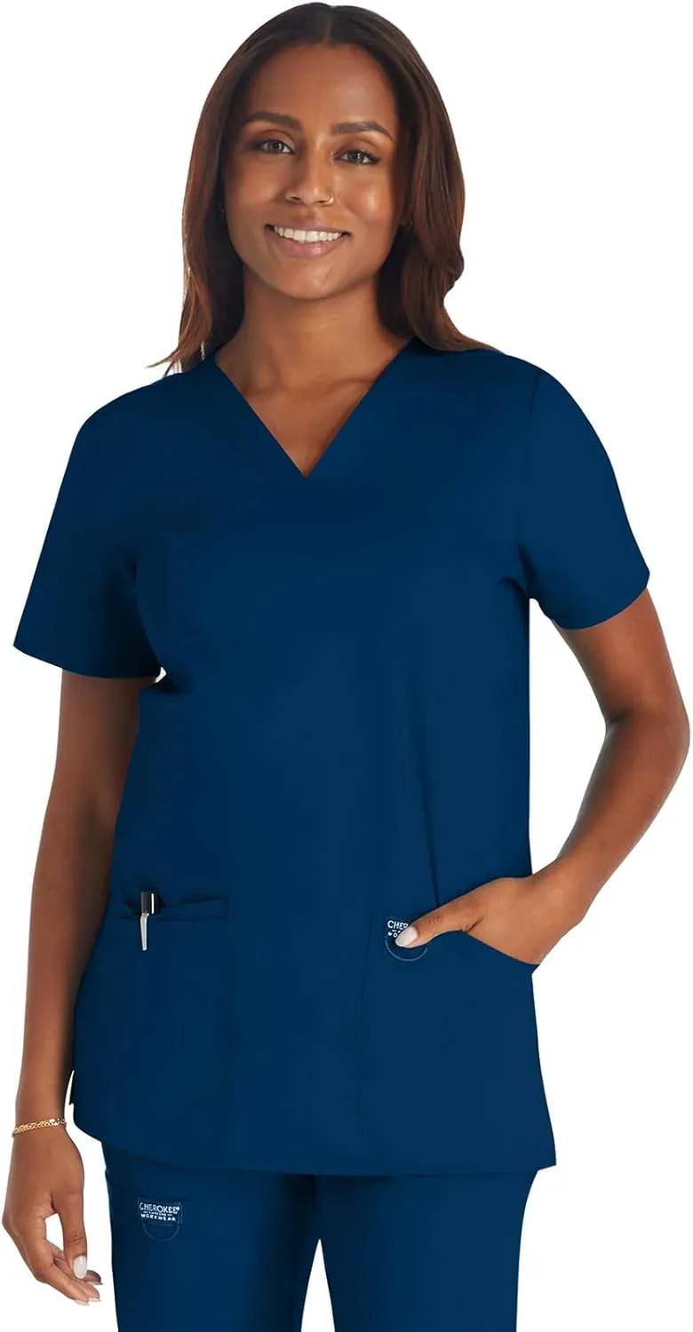Cherokee Scrub Set For Women Modern Classic Fit 3 Pockets V-Neck Top WW620 with 5 Pockets Moderate Flare Leg Pant WW120
