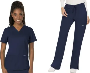Cherokee Scrub Set For Women Modern Classic Fit 3 Pockets V-Neck Top WW620 with 5 Pockets Moderate Flare Leg Pant WW120