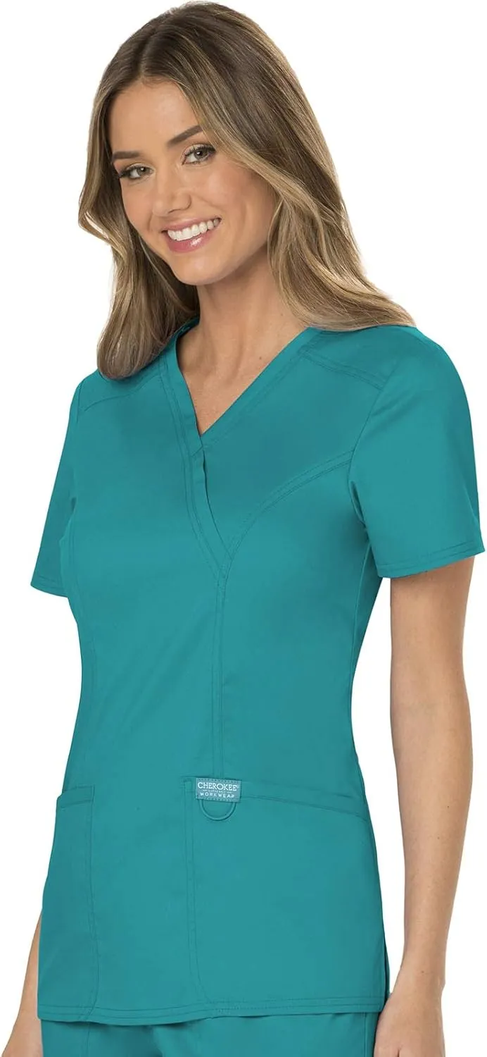 Cherokee Scrubs for Women Mock Wrap Top with 3 Pocket, Back Princess Seams WW610