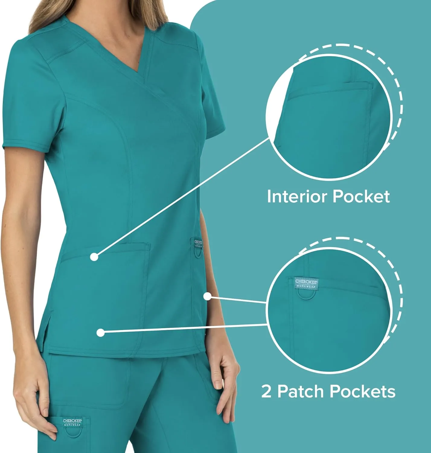 Cherokee Scrubs for Women Mock Wrap Top with 3 Pocket, Back Princess Seams WW610