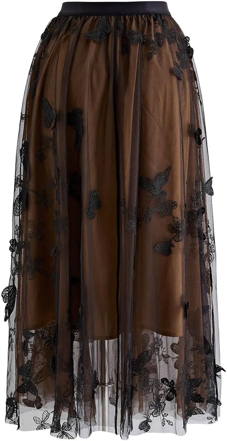 CHICWISH Women's 3D Butterfly Double-Layered Mesh Midi Skirt