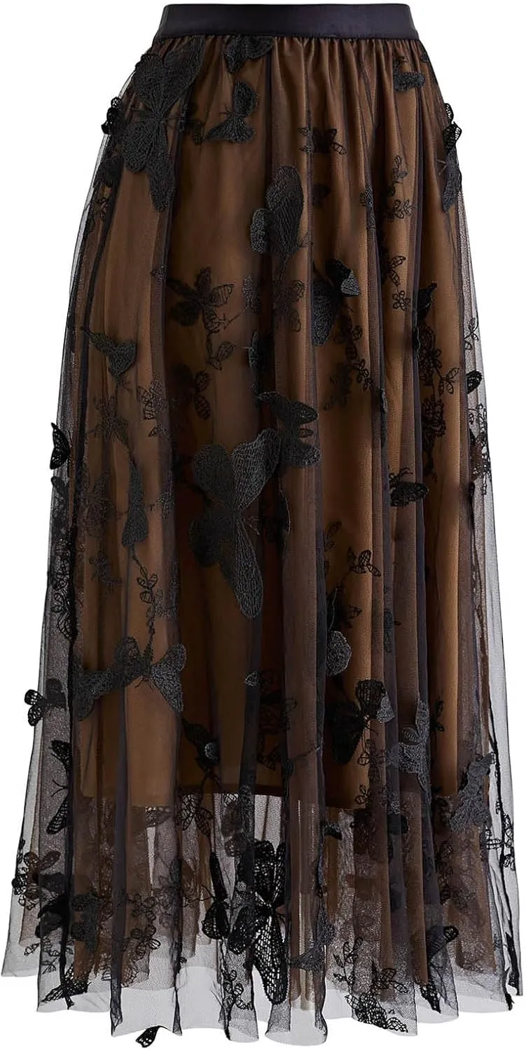 CHICWISH Women's 3D Butterfly Double-Layered Mesh Midi Skirt