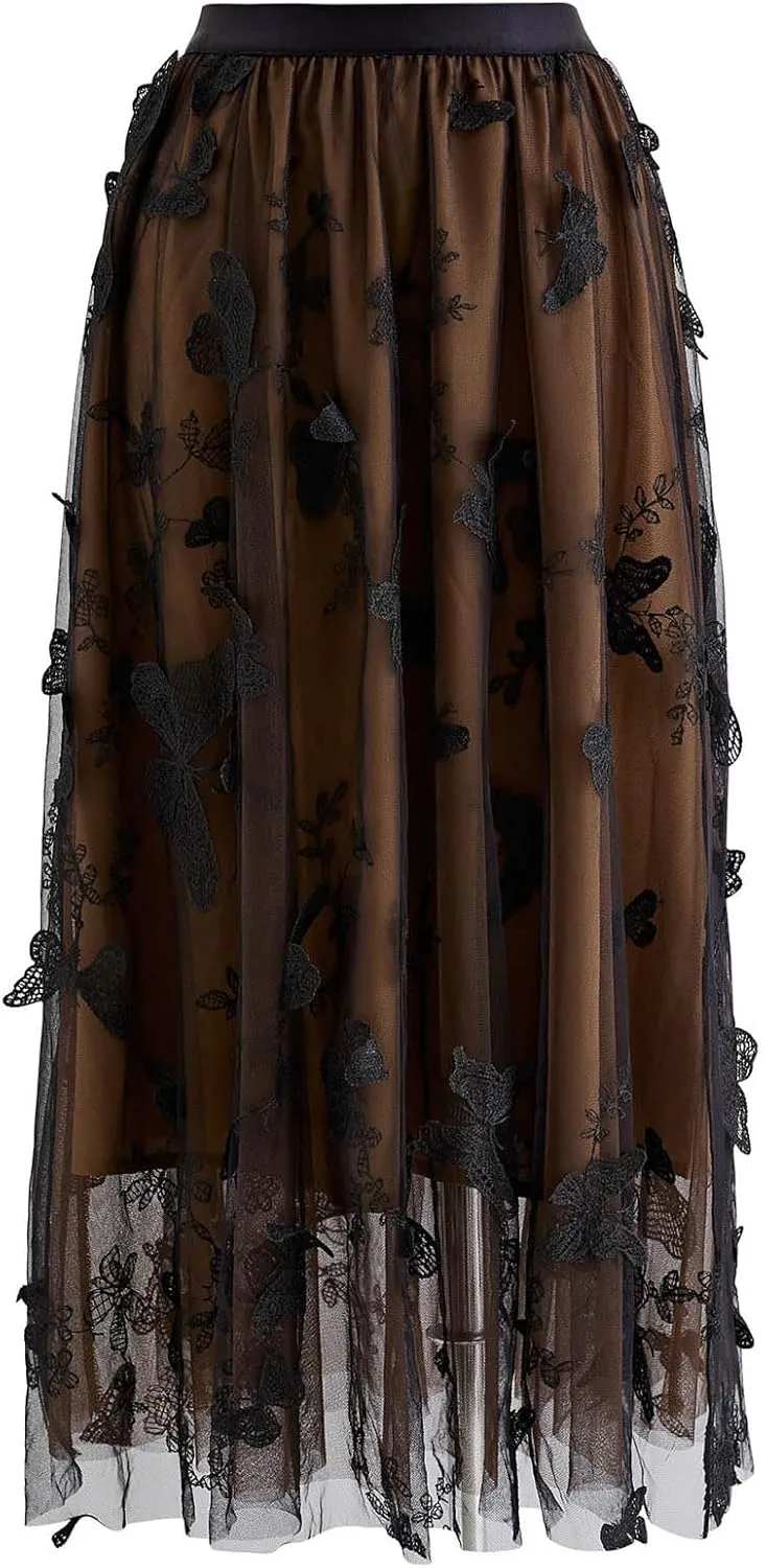 CHICWISH Women's 3D Butterfly Double-Layered Mesh Midi Skirt