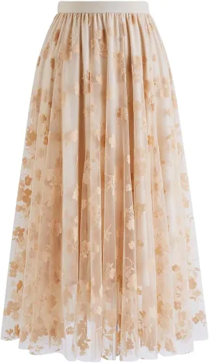 CHICWISH Women's 3D Posy Double-Layered Mesh Midi Skirt